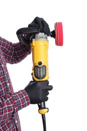 Photo of Man with polishing machine on white background, closeup