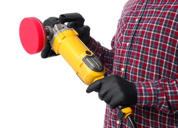 Photo of Man with polishing machine on white background, closeup