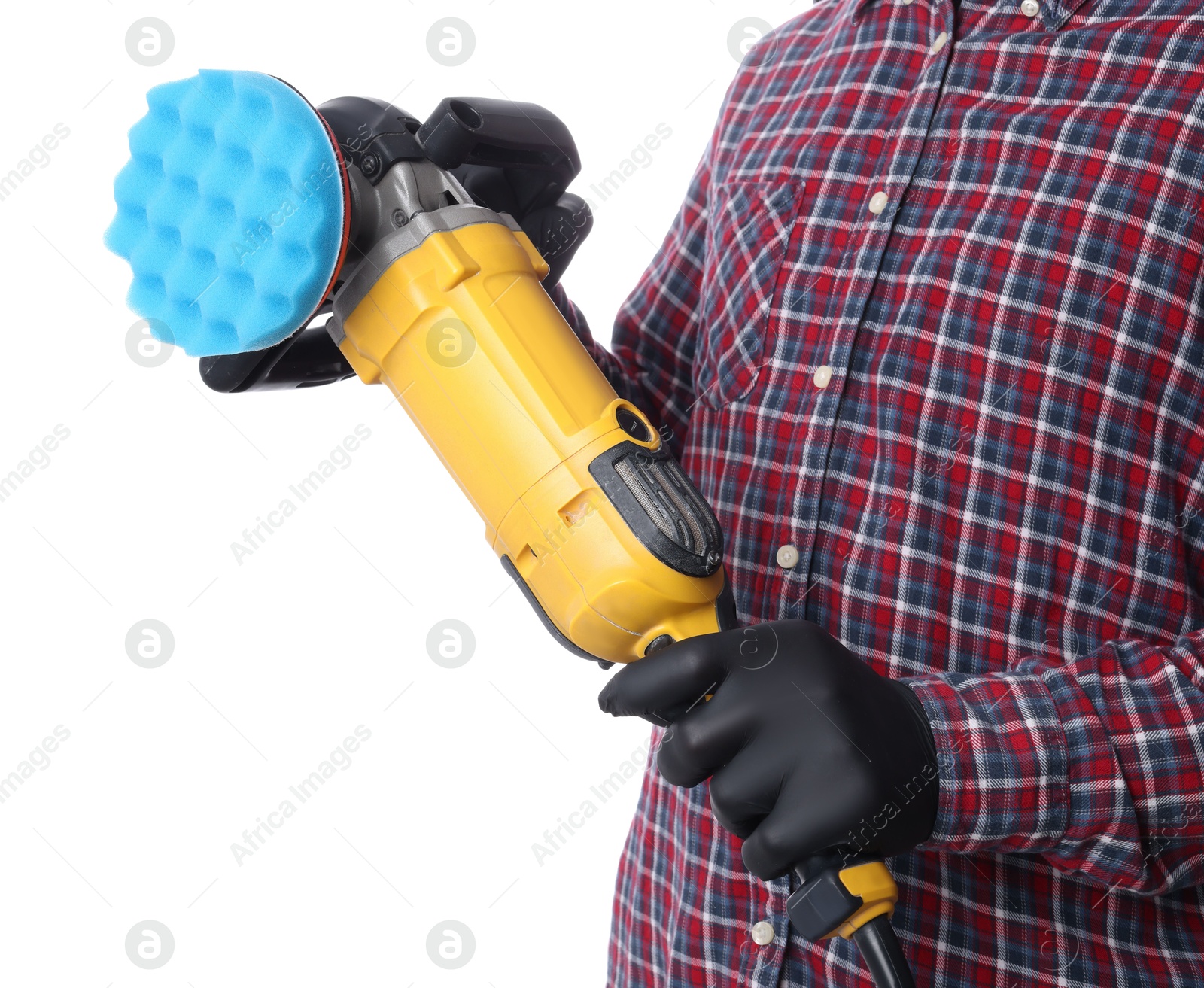 Photo of Man with polishing machine on white background, closeup