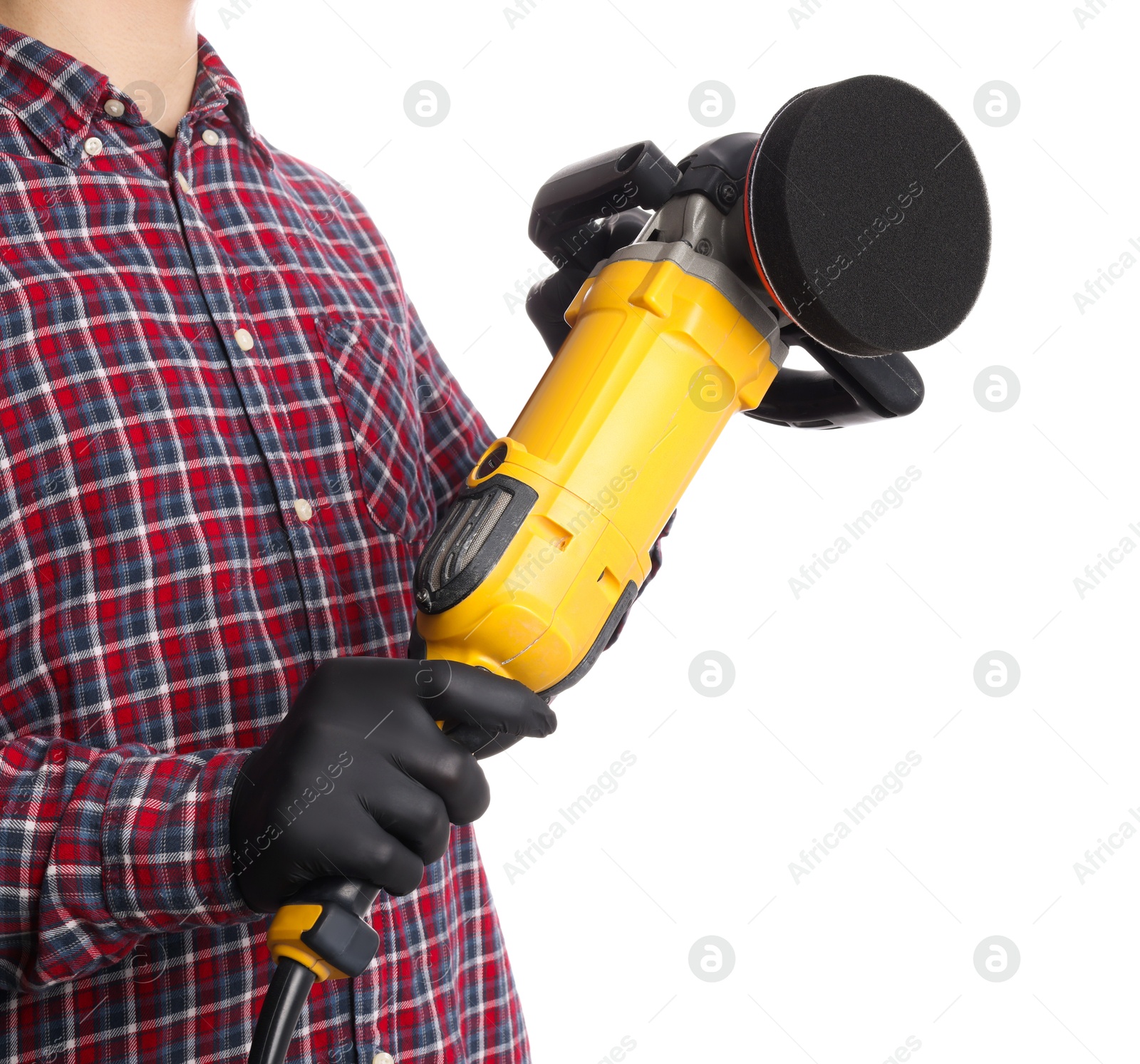 Photo of Man with polishing machine on white background, closeup