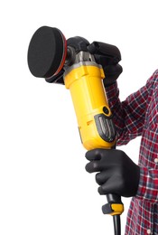 Photo of Man with polishing machine on white background, closeup