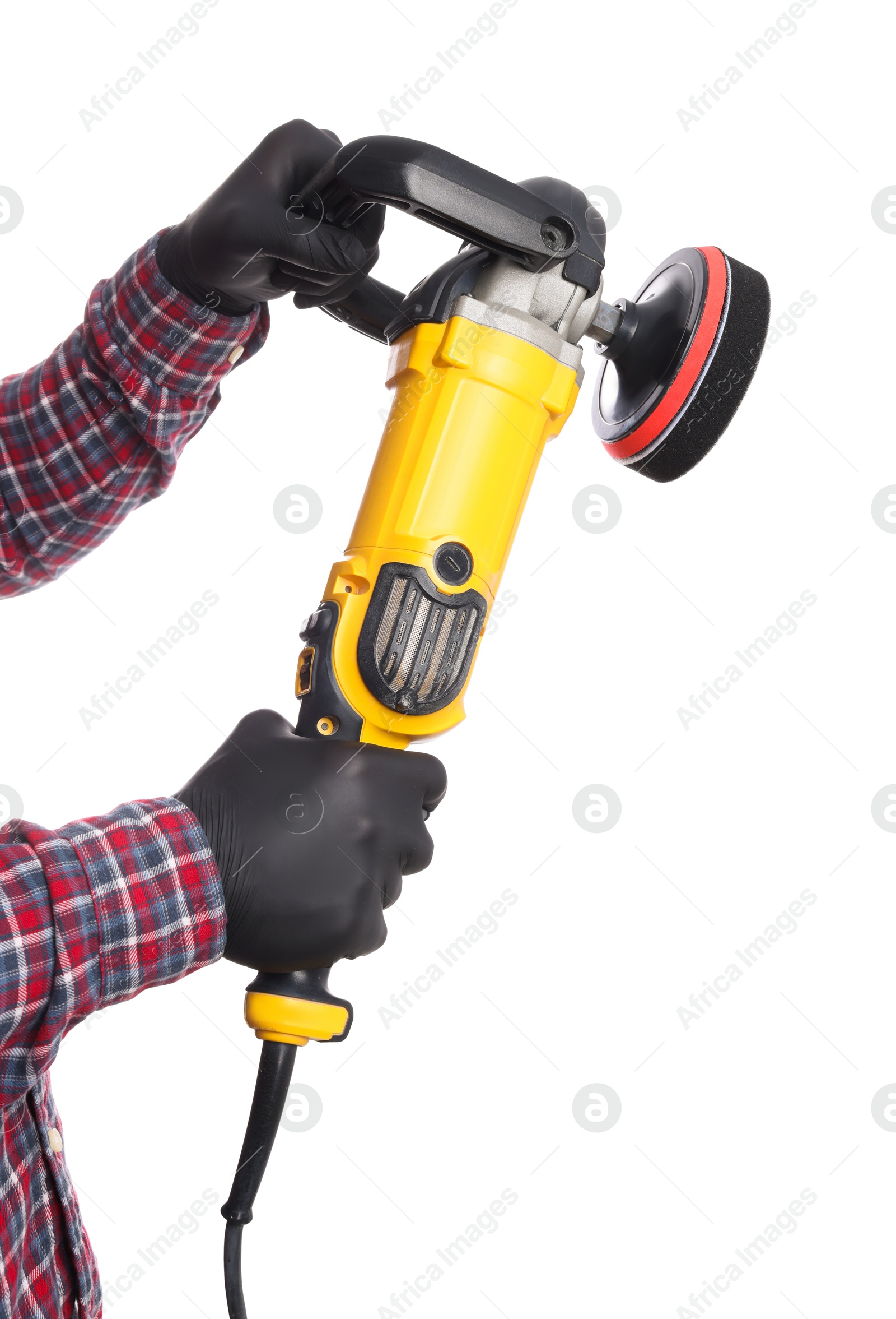 Photo of Man with polishing machine on white background, closeup