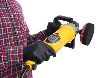 Photo of Man with polishing machine on white background, closeup