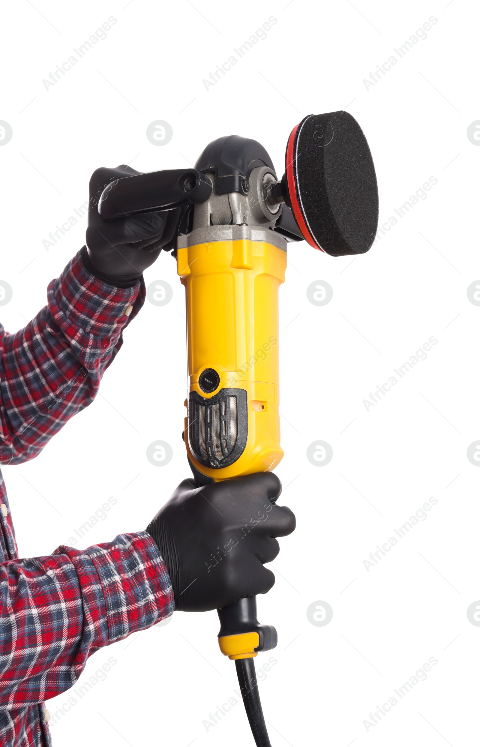 Photo of Man with polishing machine on white background, closeup