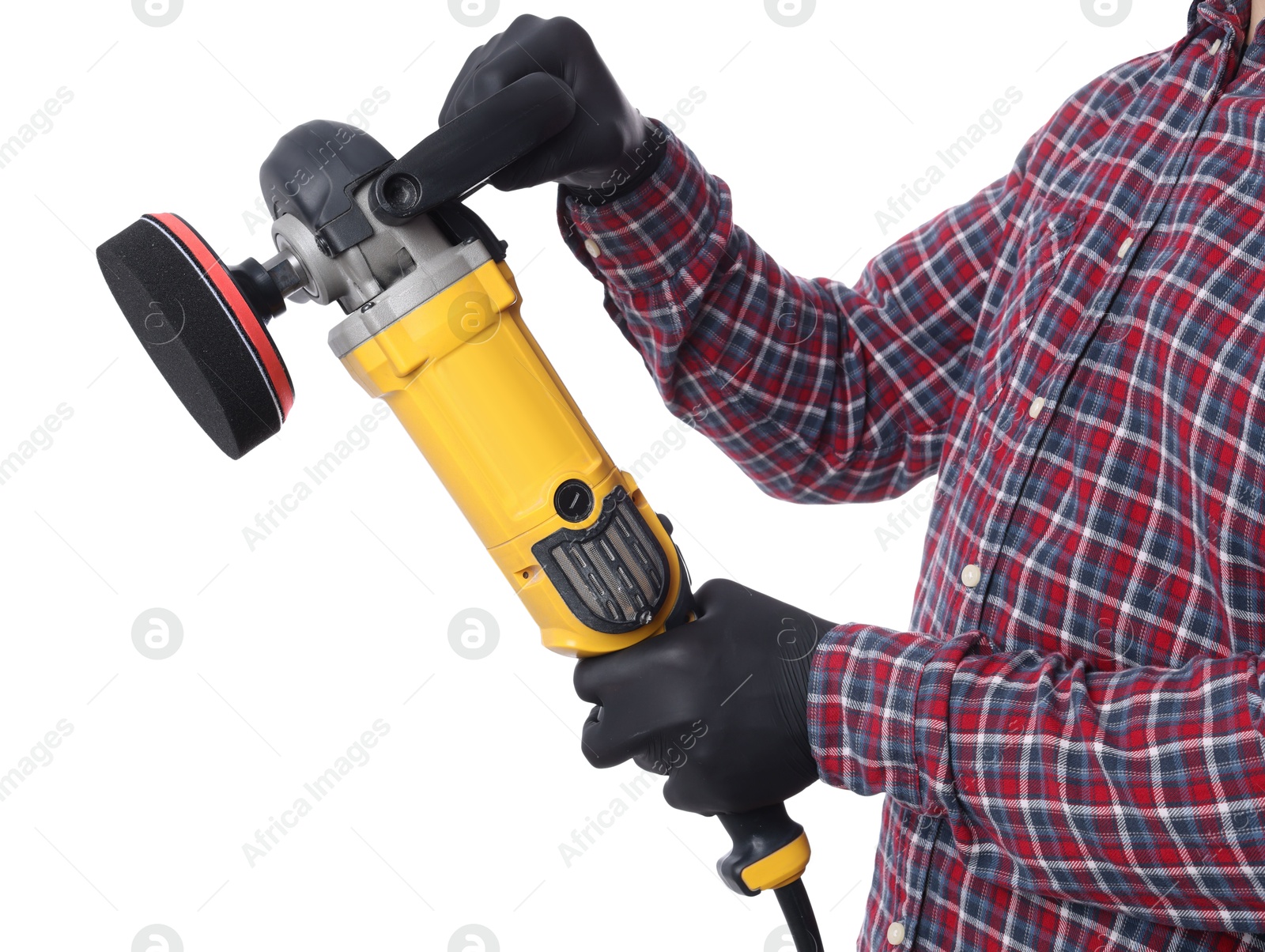 Photo of Man with polishing machine on white background, closeup