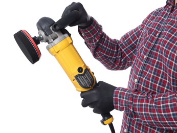 Photo of Man with polishing machine on white background, closeup