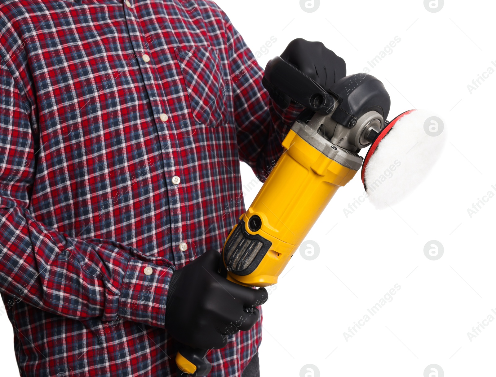 Photo of Man with polishing machine on white background, closeup