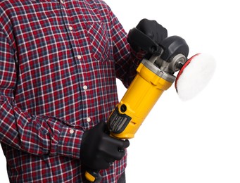 Photo of Man with polishing machine on white background, closeup