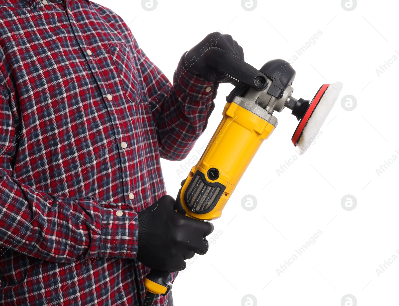 Photo of Man with polishing machine on white background, closeup