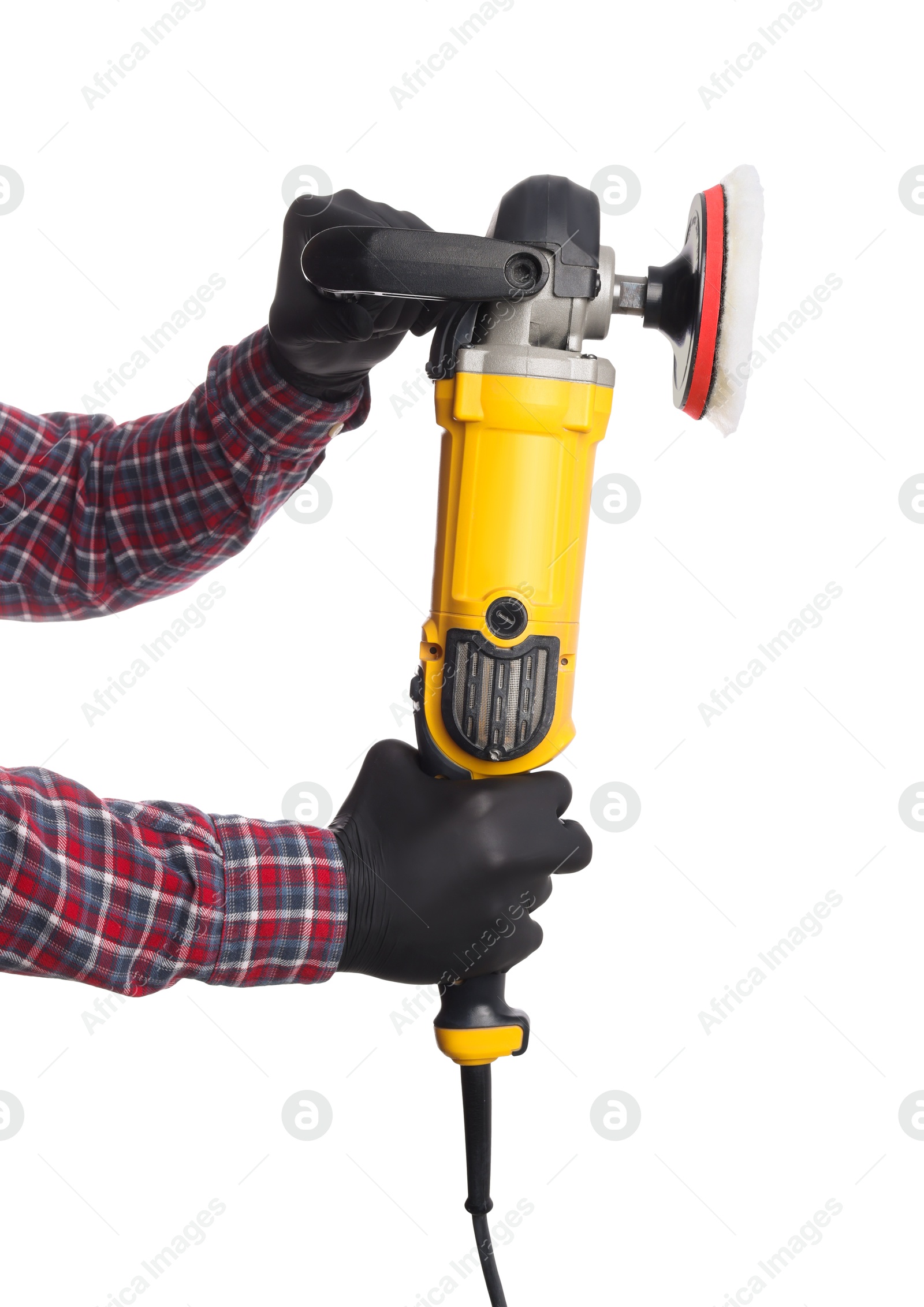 Photo of Man with polishing machine on white background, closeup