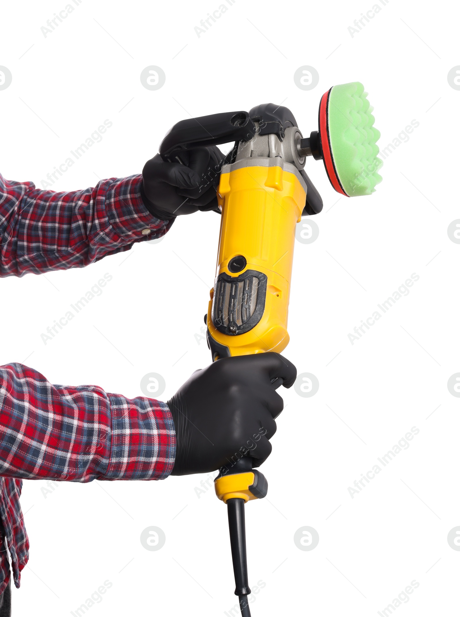 Photo of Man with polishing machine on white background, closeup