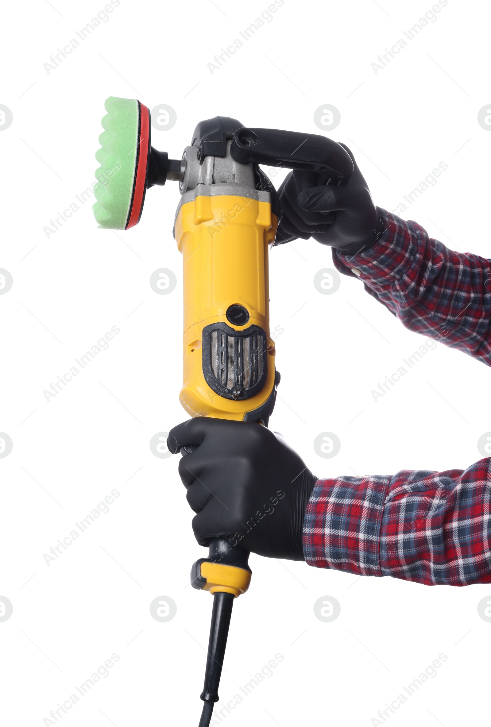 Photo of Man with polishing machine on white background, closeup