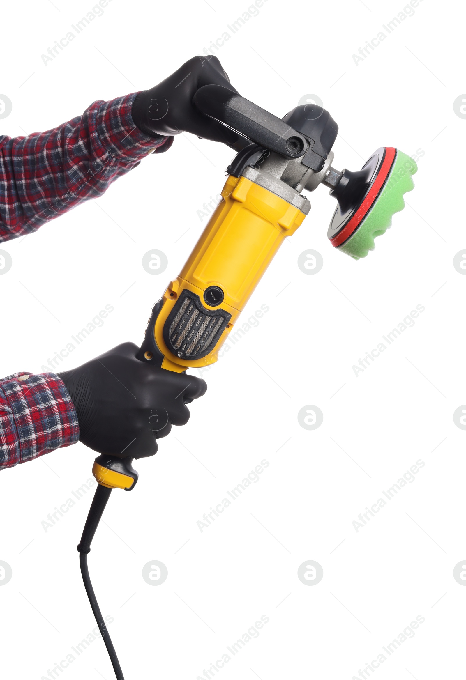 Photo of Man with polishing machine on white background, closeup