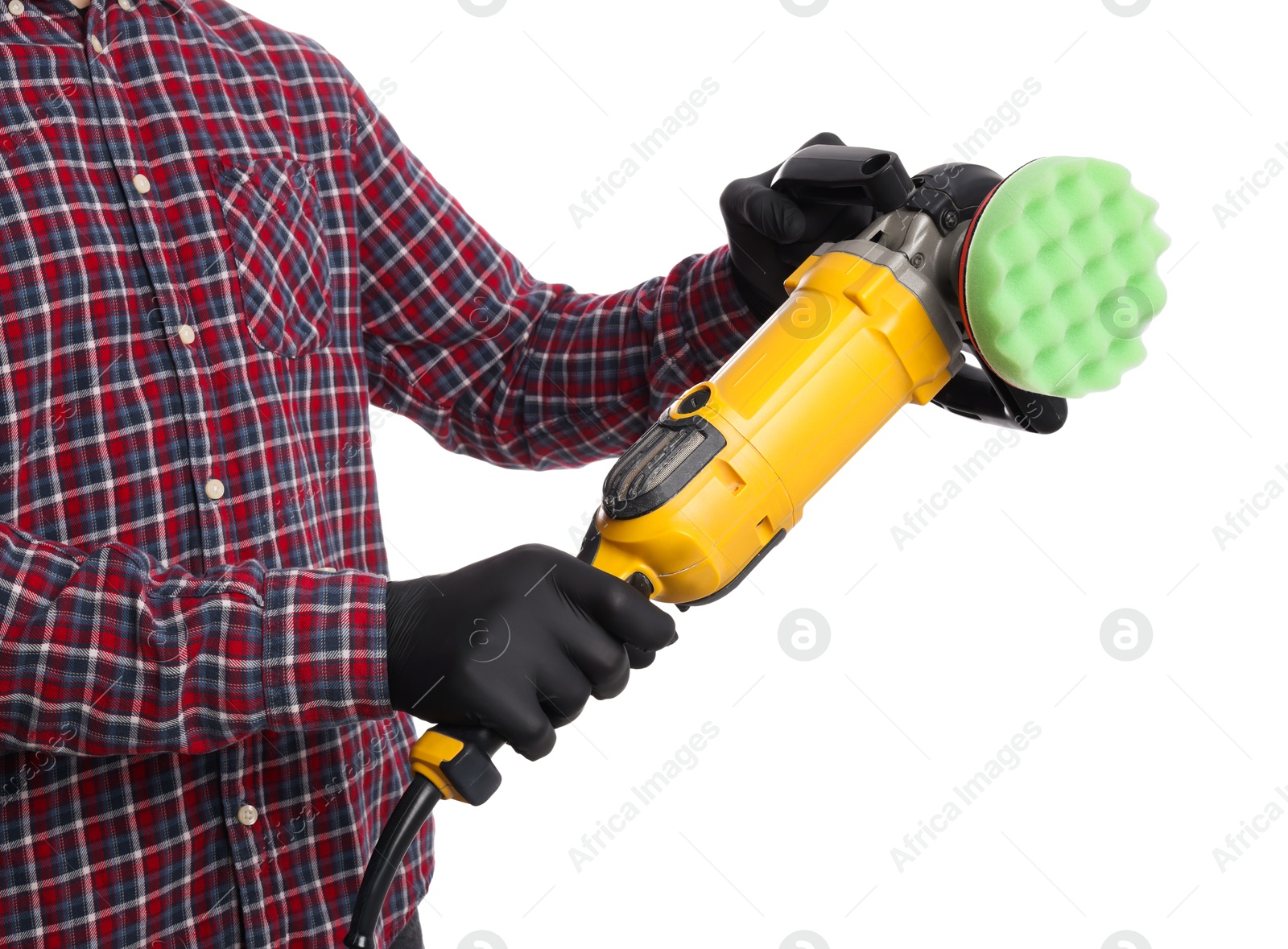 Photo of Man with polishing machine on white background, closeup