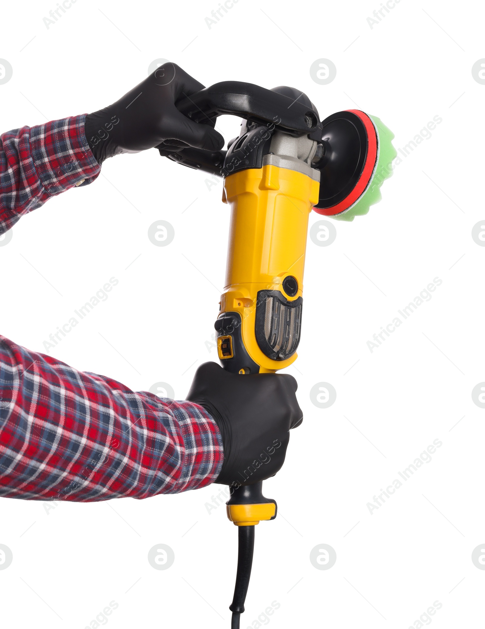 Photo of Man with polishing machine on white background, closeup