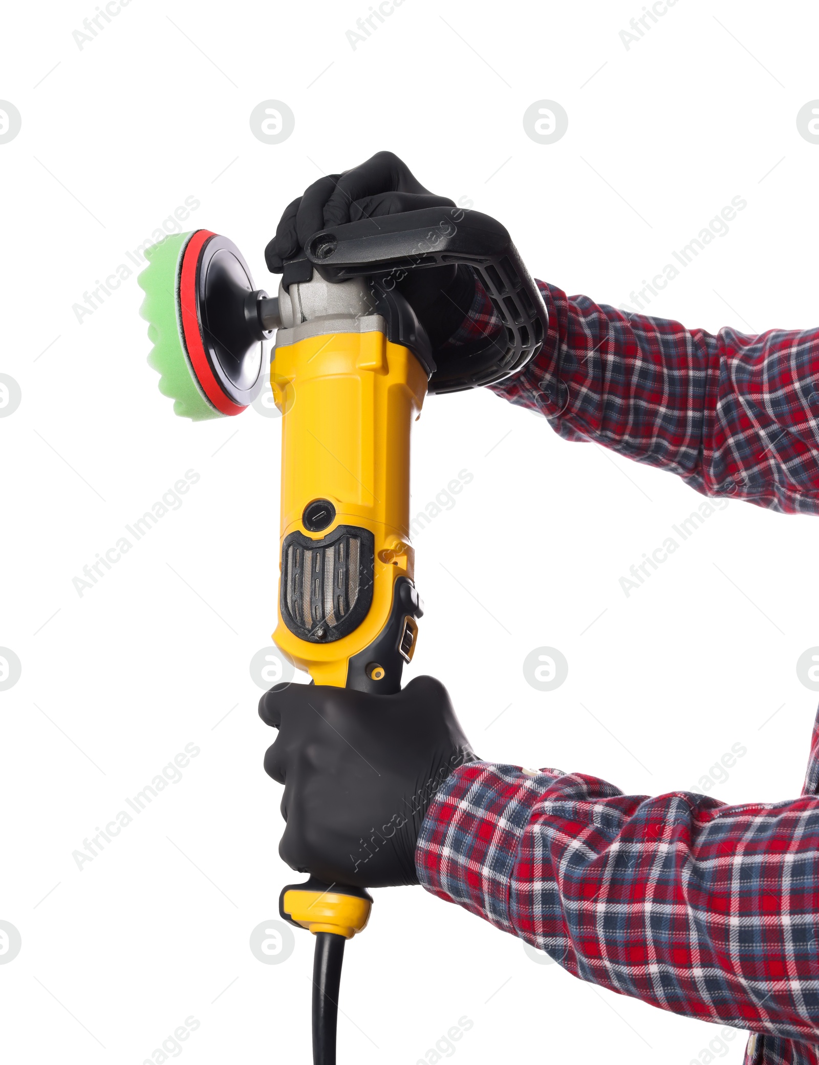 Photo of Man with polishing machine on white background, closeup