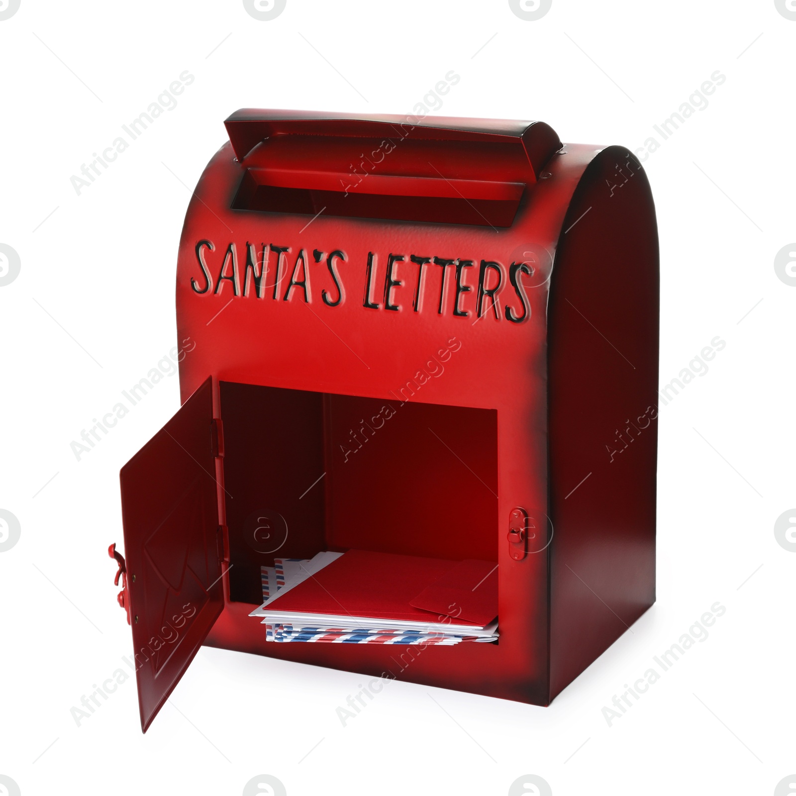 Photo of Santa Claus mail box with letters isolated on white. Christmas tradition