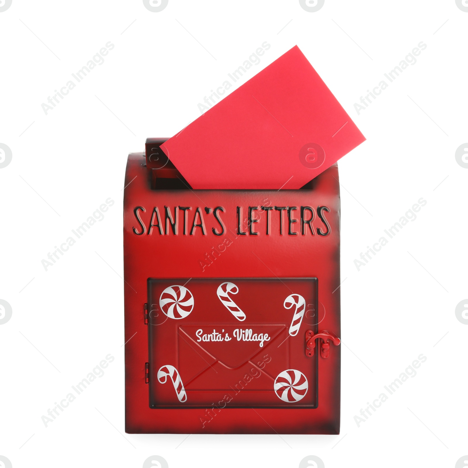 Photo of Santa Claus mail box with letter isolated on white. Christmas tradition