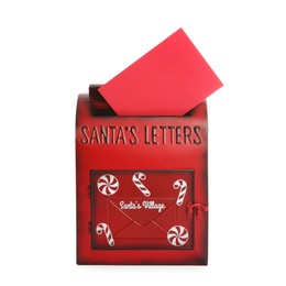 Photo of Santa Claus mail box with letter isolated on white. Christmas tradition