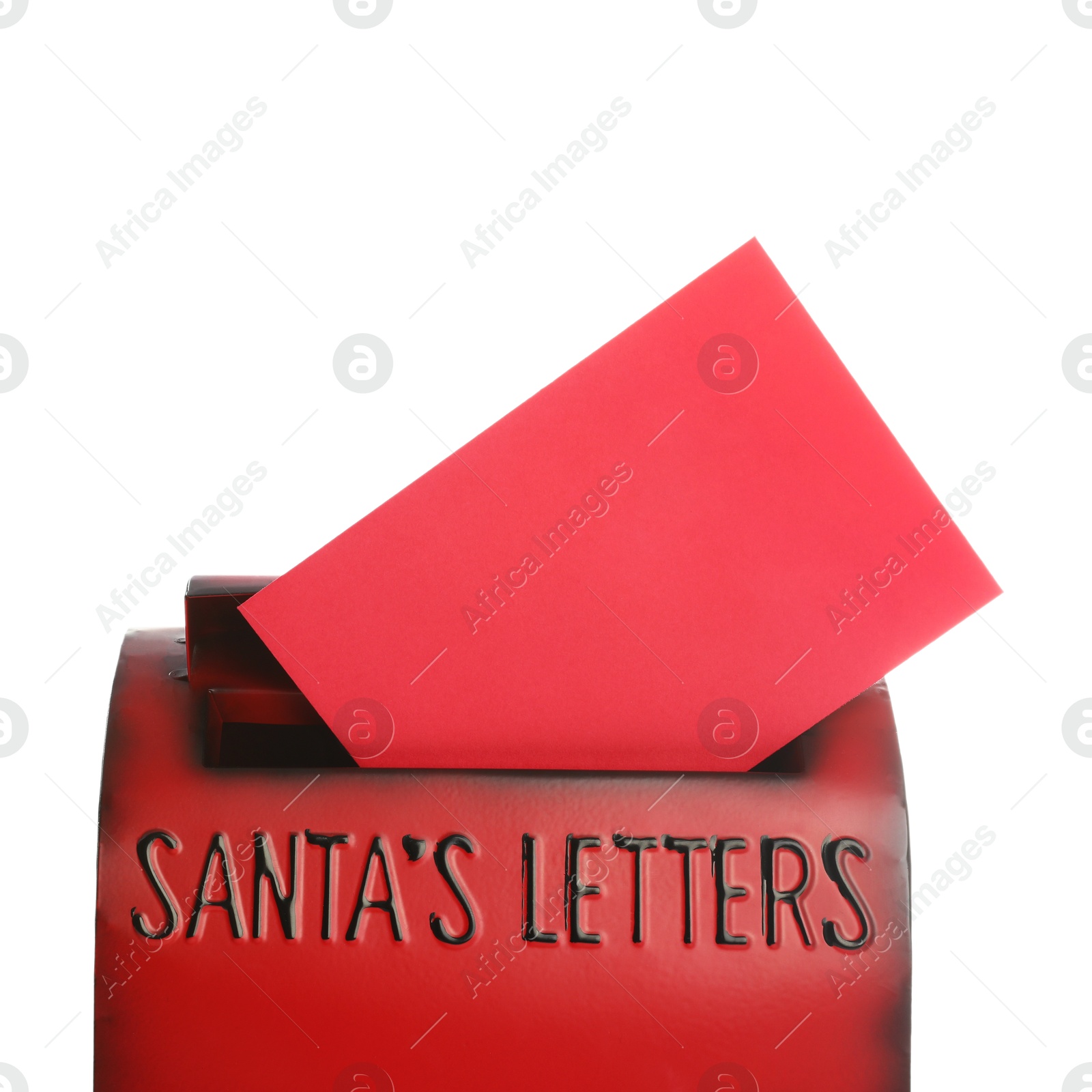 Photo of Santa Claus mail box with letter isolated on white. Christmas tradition