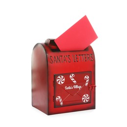 Photo of Santa Claus mail box with letter isolated on white. Christmas tradition