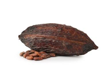 Cocoa pod and beans isolated on white