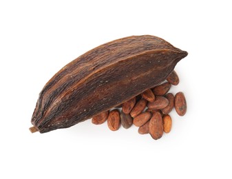 Cocoa pod and beans isolated on white, top view