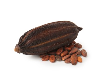 Cocoa pod and beans isolated on white