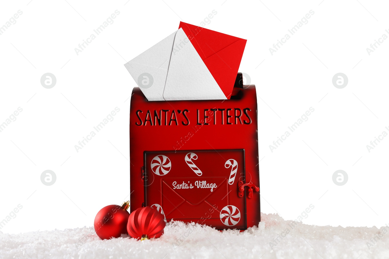 Photo of Santa Claus mail box with letters and Christmas baubles on artificial snow against white background