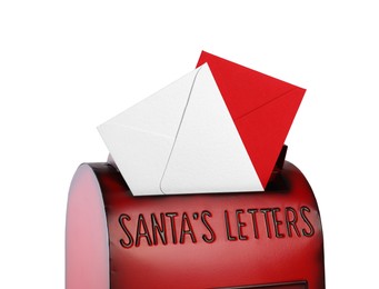 Photo of Santa Claus mail box with letters on white background, closeup. Christmas tradition