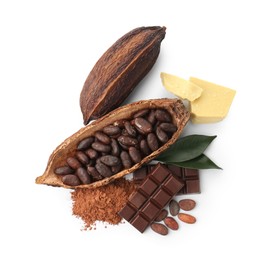 Photo of Cocoa pods with beans, powder, chocolate, butter and leaves isolated on white, top view