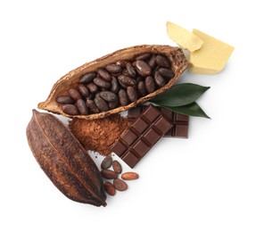 Photo of Cocoa pods with beans, powder, chocolate, butter and leaves isolated on white, top view