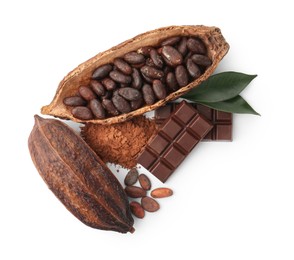 Cocoa pods with beans, powder, chocolate and leaves isolated on white, top view