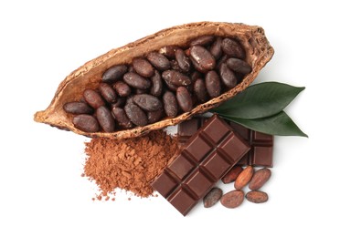 Cocoa pod with beans, powder, chocolate and leaves isolated on white, top view