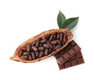 Cocoa pod with beans, chocolate and leaves isolated on white, top view