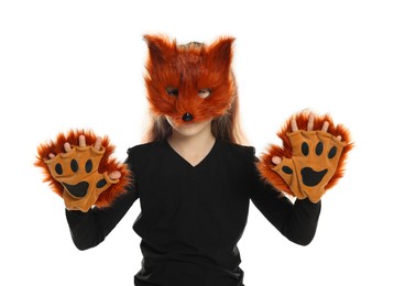 Photo of Quadrobics. Girl wearing fox mask and gloves on white background