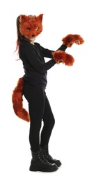 Photo of Quadrobics. Girl wearing fox mask, tail and gloves on white background