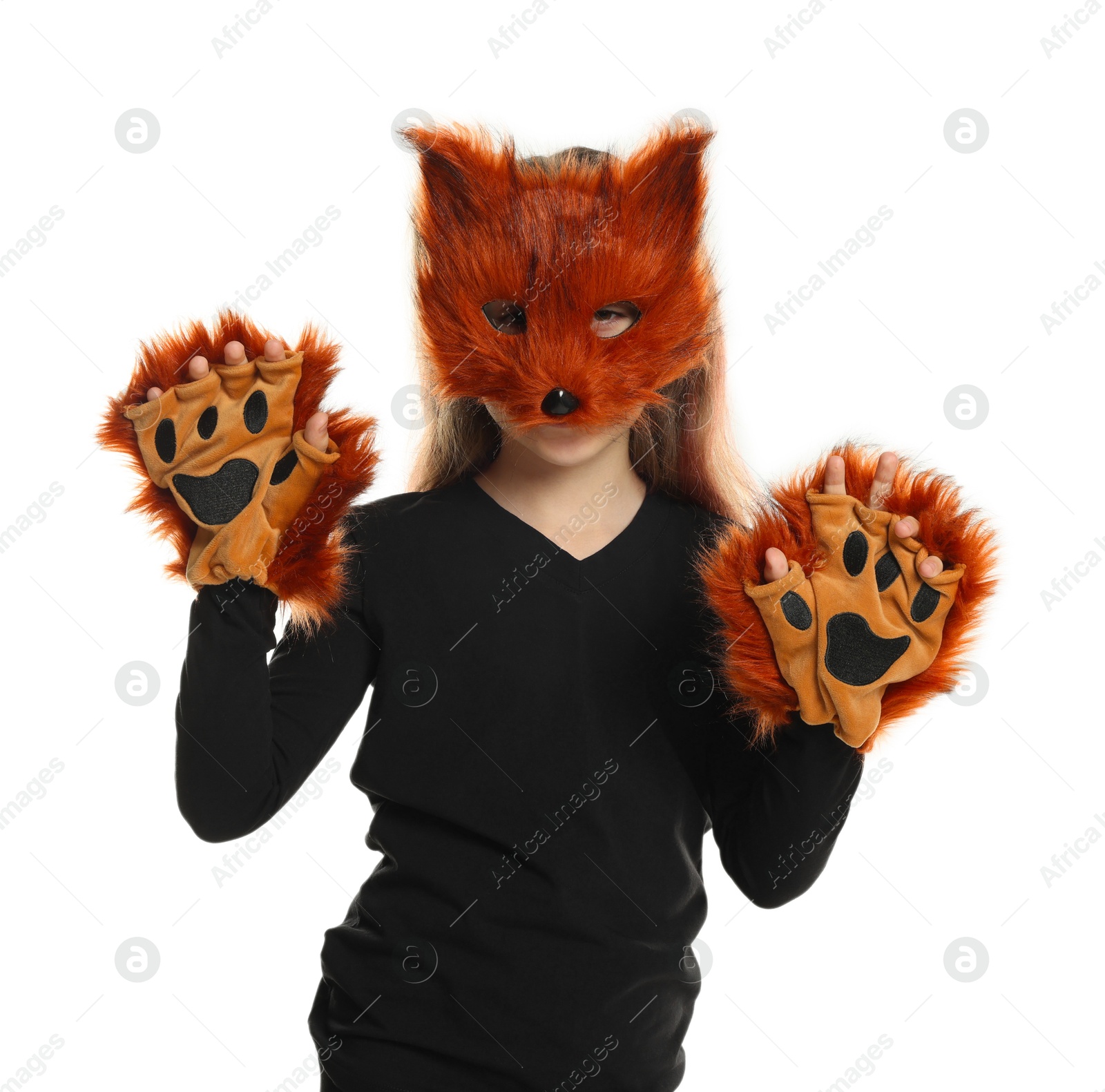 Photo of Quadrobics. Girl wearing fox mask and gloves on white background