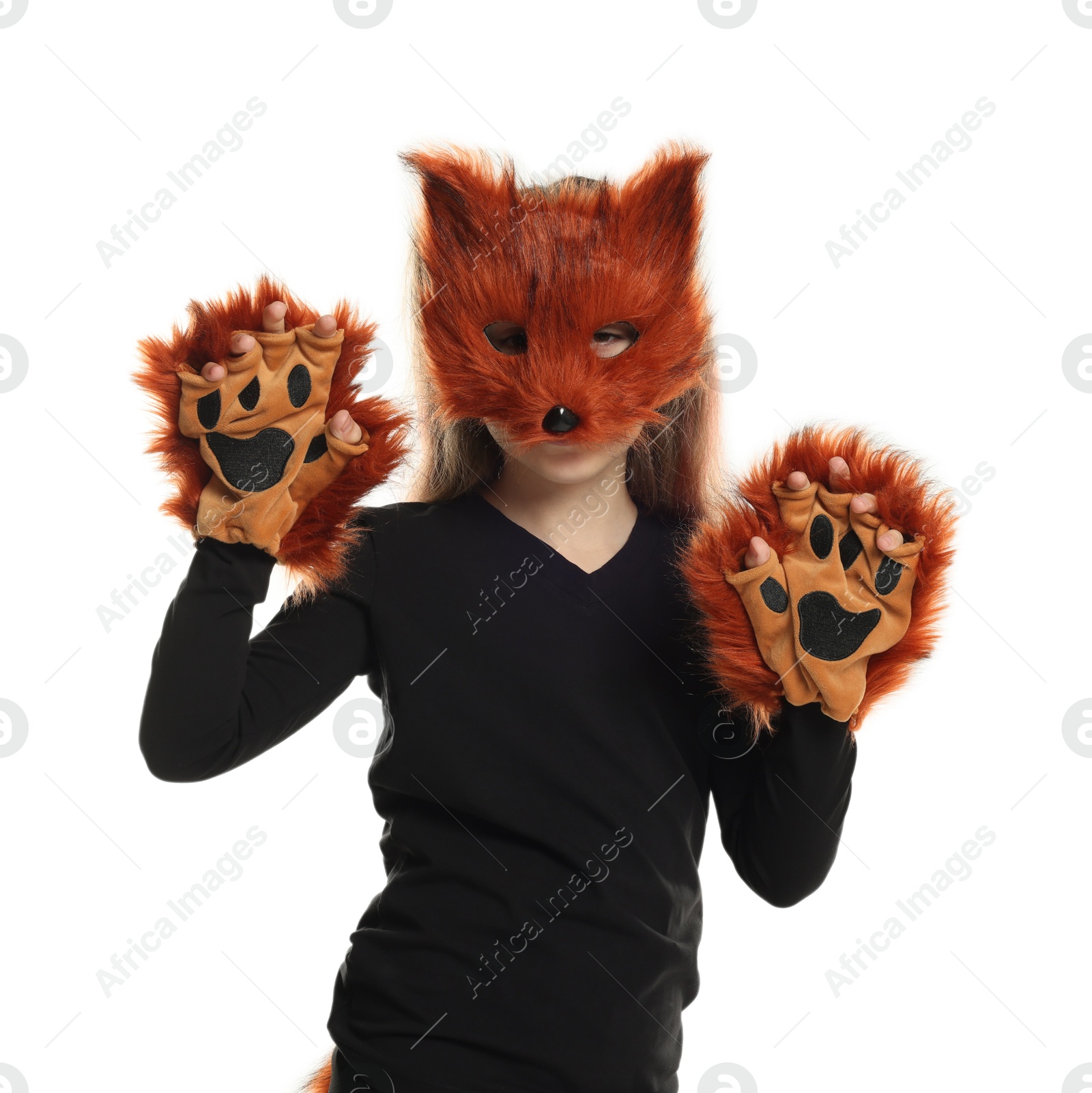 Photo of Quadrobics. Girl wearing fox mask and gloves on white background