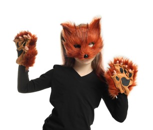 Photo of Quadrobics. Girl wearing fox mask and gloves on white background