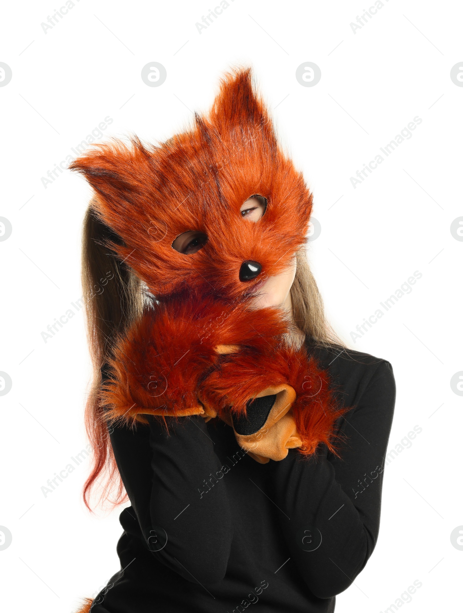 Photo of Quadrobics. Girl wearing fox mask and gloves on white background