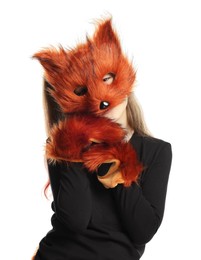 Photo of Quadrobics. Girl wearing fox mask and gloves on white background