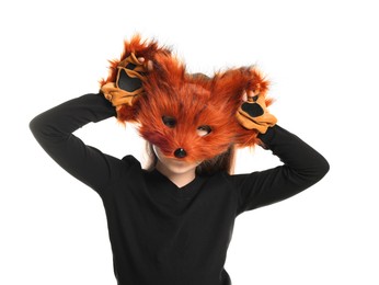 Photo of Quadrobics. Girl wearing fox mask and gloves on white background