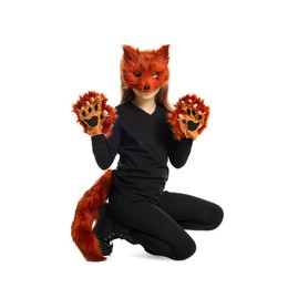 Photo of Quadrobics. Girl wearing fox mask, tail and gloves on white background