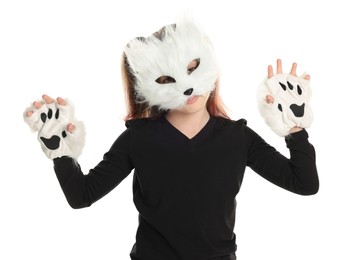 Photo of Quadrobics. Girl wearing cat mask and gloves on white background