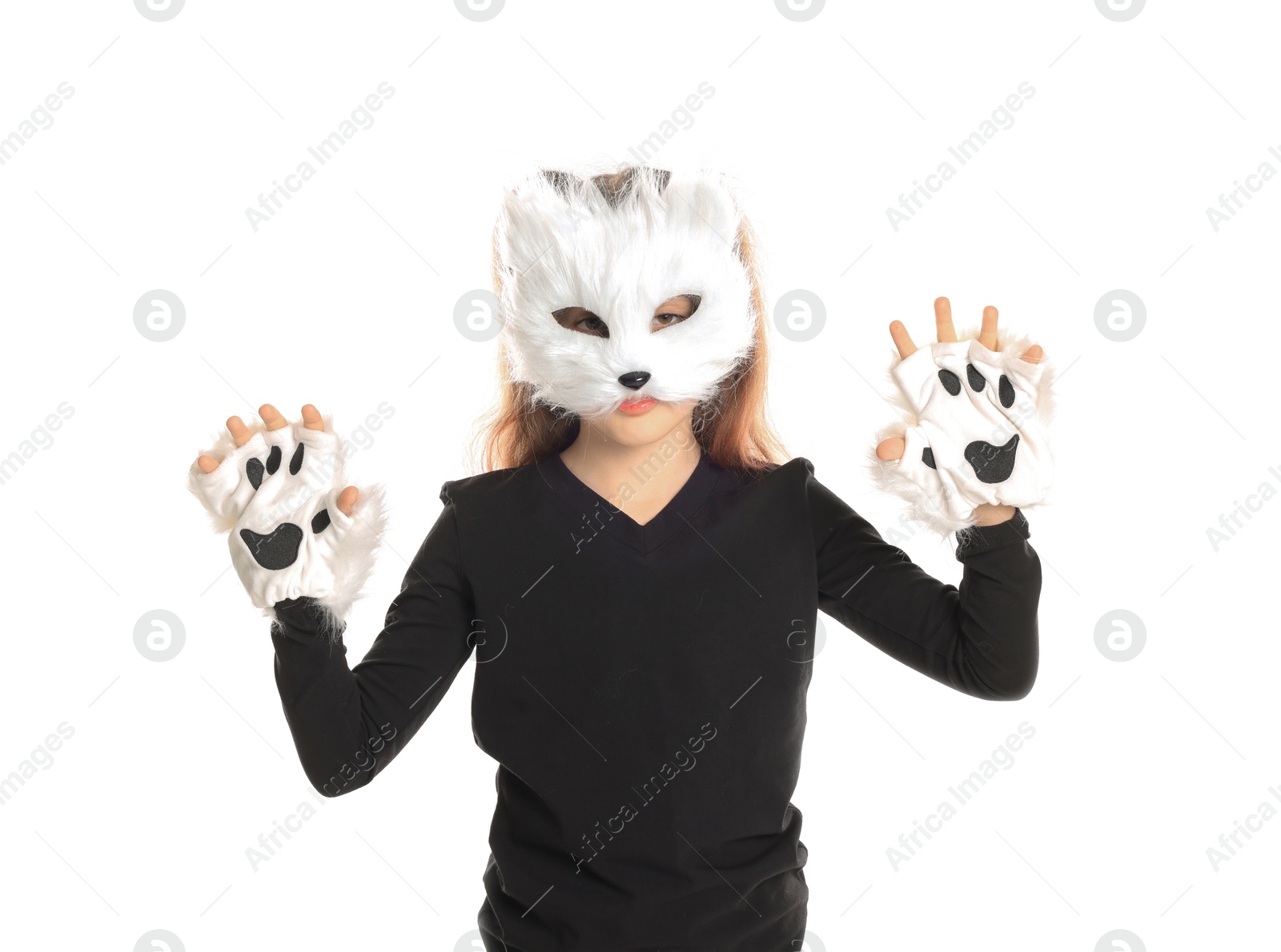 Photo of Quadrobics. Girl wearing cat mask and gloves on white background