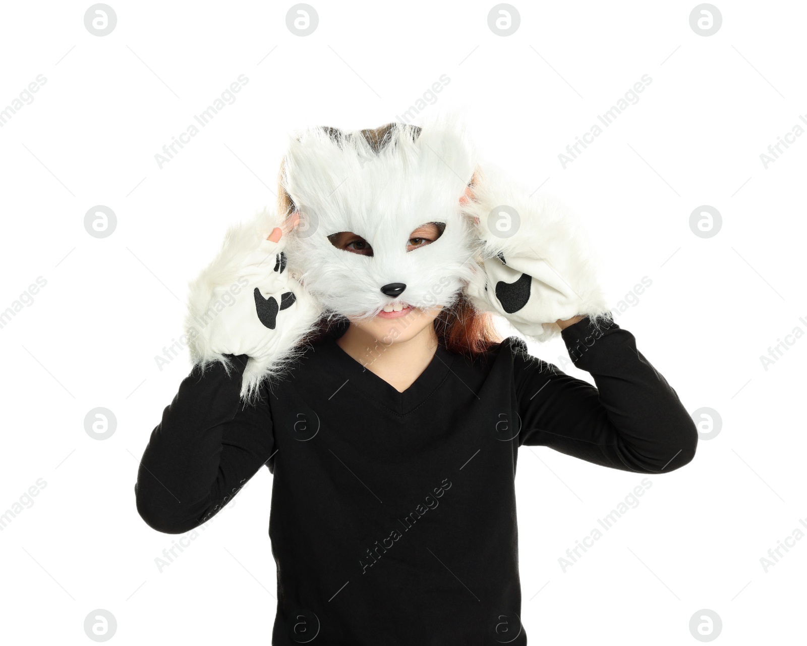 Photo of Quadrobics. Girl wearing cat mask and gloves on white background