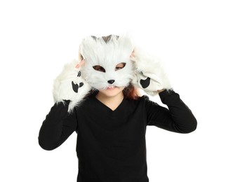 Photo of Quadrobics. Girl wearing cat mask and gloves on white background