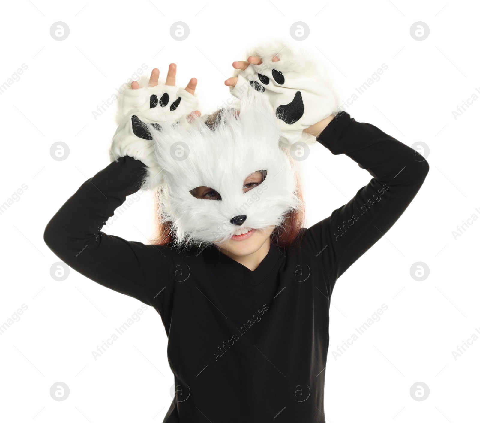 Photo of Quadrobics. Girl wearing cat mask and gloves on white background