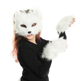 Photo of Quadrobics. Girl wearing cat mask and gloves on white background